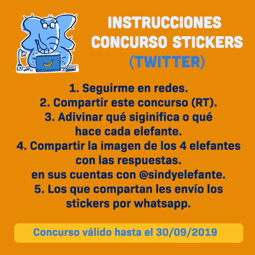 SindyElefante's tweet photo. #Concurso #StickersGratis #whatsapp
Instrucciones:
1. Seguirme en redes.
2. Compartir este concurso.
3. Adivinar qué hace cada elefante (imagen de los 4 elefantes).
4. Comentar las respuestas con @sindyelefante.
5. Los que compartan les envío los stickers por whatsapp. https://t.co/T6hpBaObV4