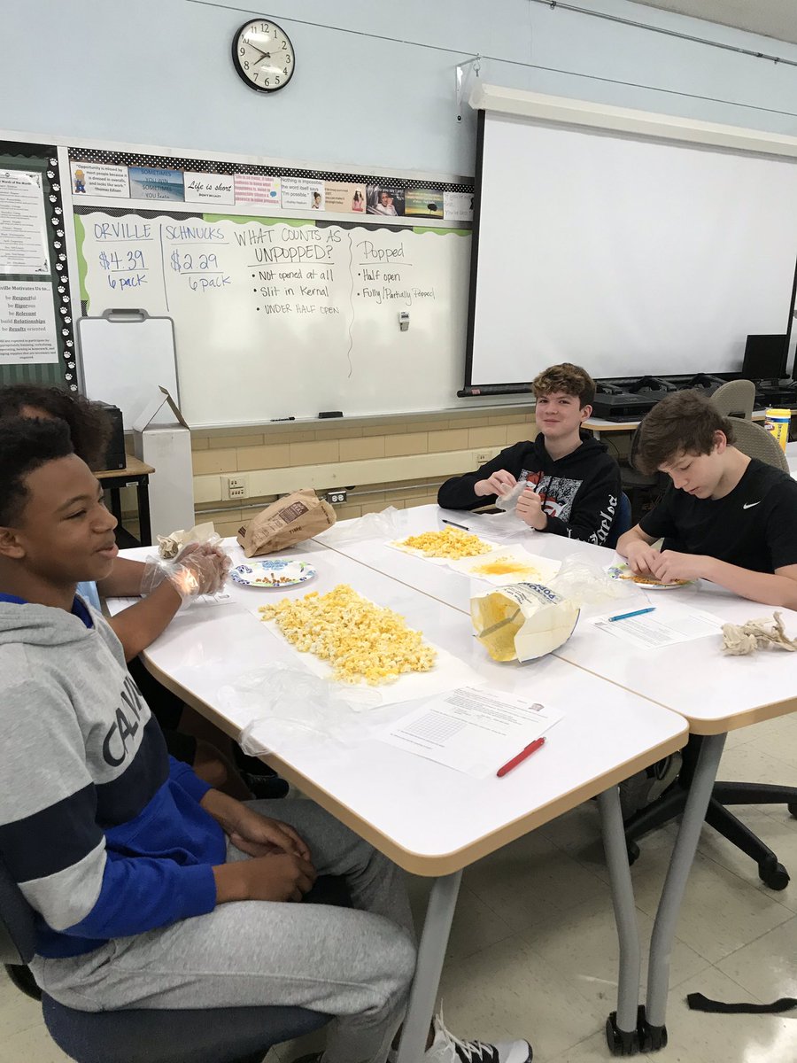 MrsGoodman3's tweet photo. Popcorn activity in Mehlville AMPED class. What a fun way to write linear equations and learn quality control at the same time. https://t.co/jR4dTk9cxt