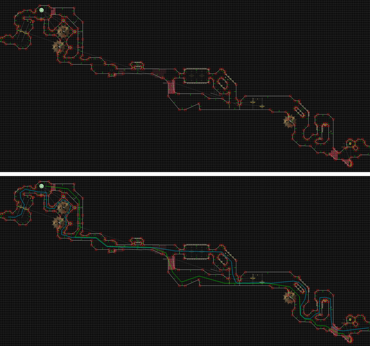 Excalisoft's tweet image. We tried working out an interesting twist on the boulder for level 2-10. In this level the Player is tasked with pushing a single boulder through the entire level. You can see the respective routes the player and boulder take in the images below (green = boulder, blue = player)