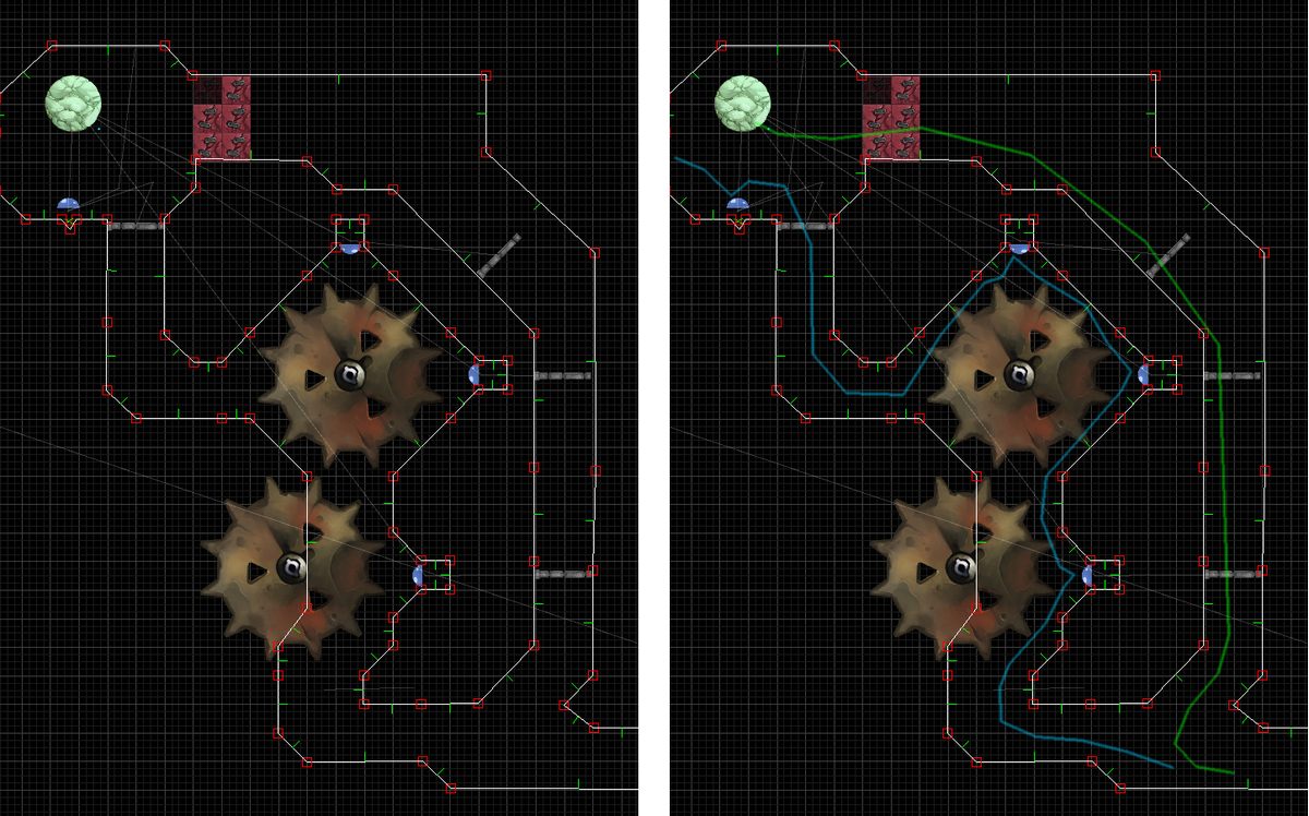 Excalisoft's tweet image. We tried working out an interesting twist on the boulder for level 2-10. In this level the Player is tasked with pushing a single boulder through the entire level. You can see the respective routes the player and boulder take in the images below (green = boulder, blue = player)