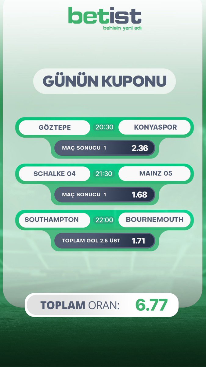 Betist Ve Bahiscadisi Ortak Günün Kuponu Bol Şanslar😉

Betist Hızlı Kayıt ; bit.ly/2m8Xk7U ---&gt;TIKLA 

Yüksek Oranlar , Güvenilir Altyapı✅
#bet #bahis #denemebonusu #betist #bahiscadisi #Fenerbahce #Galatasaray #Besiktas #futbol #Futbol