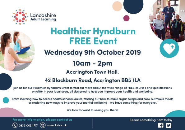 LancsLearning's tweet image. Join us for our FREE Healthier Hyndburn event at @AccringtonTH on Wed 9th Oct to find out what's available in the local area to help you improve your health and wellbeing! Come along &amp;amp; have a go, together let's create a Healthier Hyndburn #healthyminds #healthylives