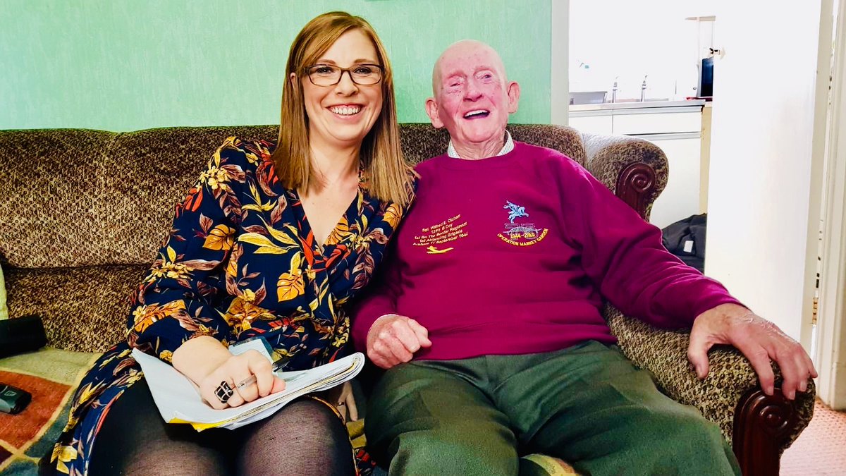 The wonderful Wilf Oldham. Aged 99. One of the oldest veterans of the Battle of Arnhem. He had a starring role in the 75th celebrations but has an infection and can’t travel. He’s devastated. Pls retweet and send this hero your good wishes. And hear his story on <a href="/BBCNWT/">BBC North West</a> at 1830