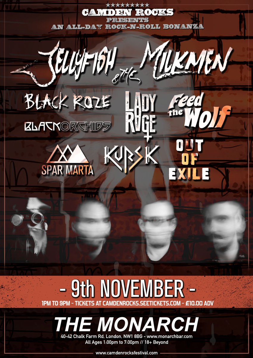 📣 On Sale Now 📣 #CamdenRocks presents an all-day rock-n-roll bonanza w/ #JellyfishAndTheMilkmen <a href="/LadyRage_UK/">Lady Rage</a> <a href="/_BlackOrchids_/">Black Orchids</a> <a href="/OutOfExile_Band/">Gregory Bell</a> &amp; more at <a href="/CamdenMonarch/">The Monarch</a> on Saturday 9th November. Grab yo tickets!
Event ➡️ facebook.com/events/5325256…