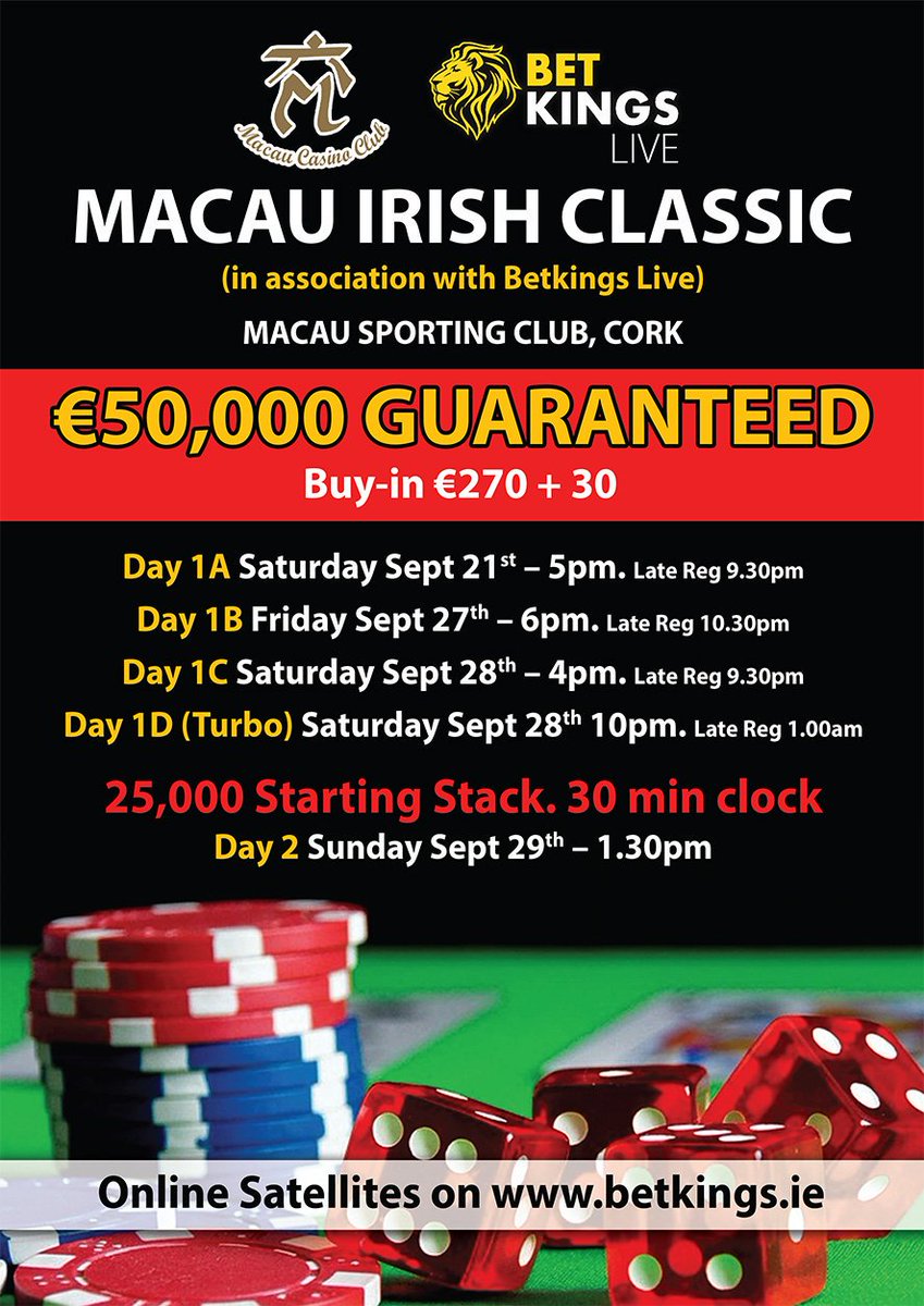 MSCCASINO's tweet image. Competition Time 🤞

Win a half price seat for Day 1 of The Macau Irish Classic €50k Gtd, valued at €150 {valid only on Saturday 21st} 

Simply RT this post

#Cork #Ireland #PureCork #Poker #CrossTheBridge #MacauIrishClassic #Roulette #DailyJackpots #Food #Drink #LateOpening