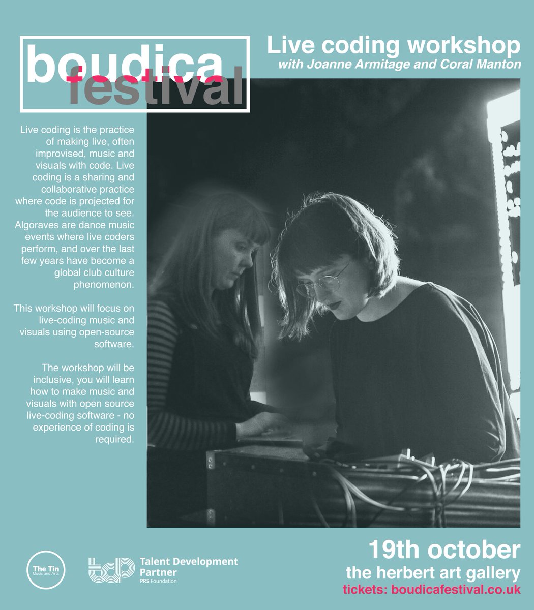 BoudicaFestival's tweet image. We&apos;ve just announced our FREE workshops to 
@BoudicaFestival ticket holders. Incl. @algorave live coding workshop, @omniicollective live sound engineering &amp;amp; DJ workshop w/v DJ Tor da Force! 

Find out more &amp;amp; book: bit.ly/boudicaworksho…

#womxninmusic #musiccoding
