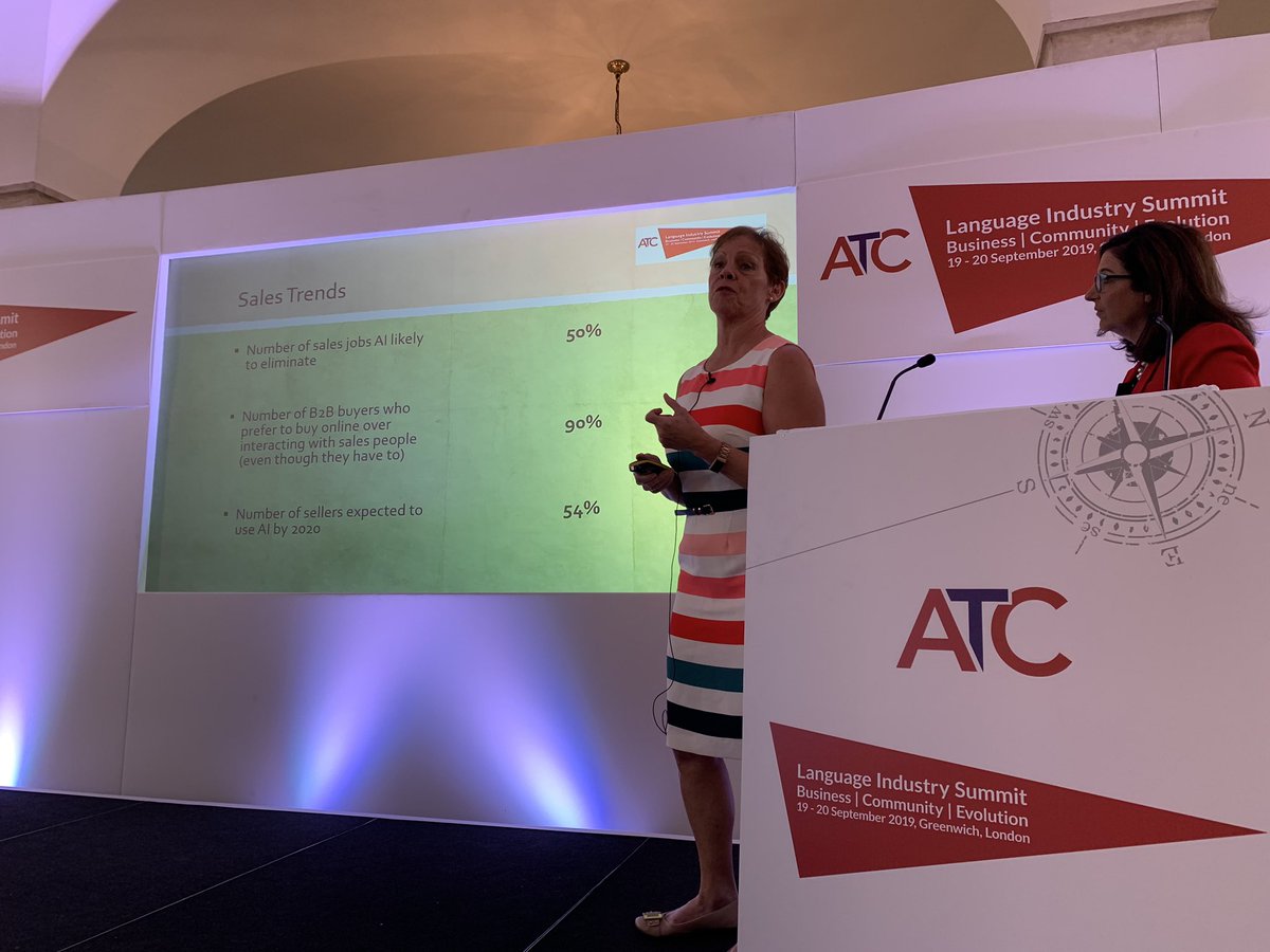 TranslationDan's tweet image. In the next few years, AI seems likely to eliminate 50 percent of sales jobs, with 54 percent of sellers using AI, according to @jessicarlondon at #ATCSummit2019