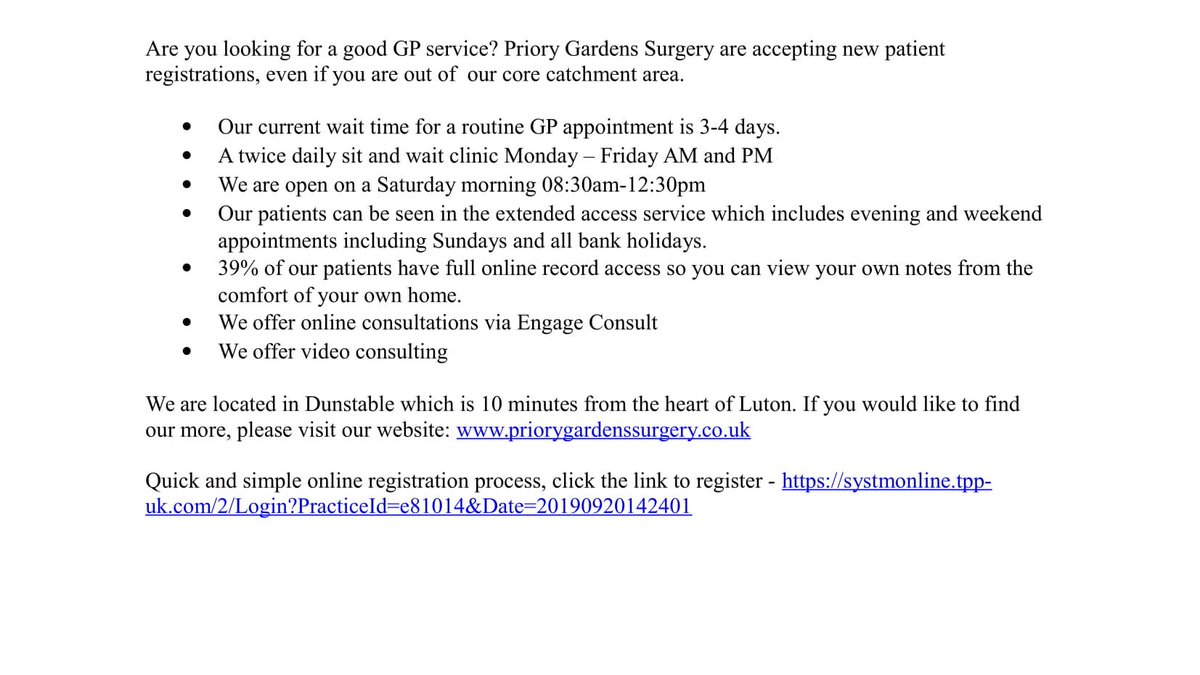 PrioryGSurgery's tweet photo. #newgp #luton #dunstable #onlineconsulting #extendedaccess #videoconsulting https://t.co/HWCLcasTK8