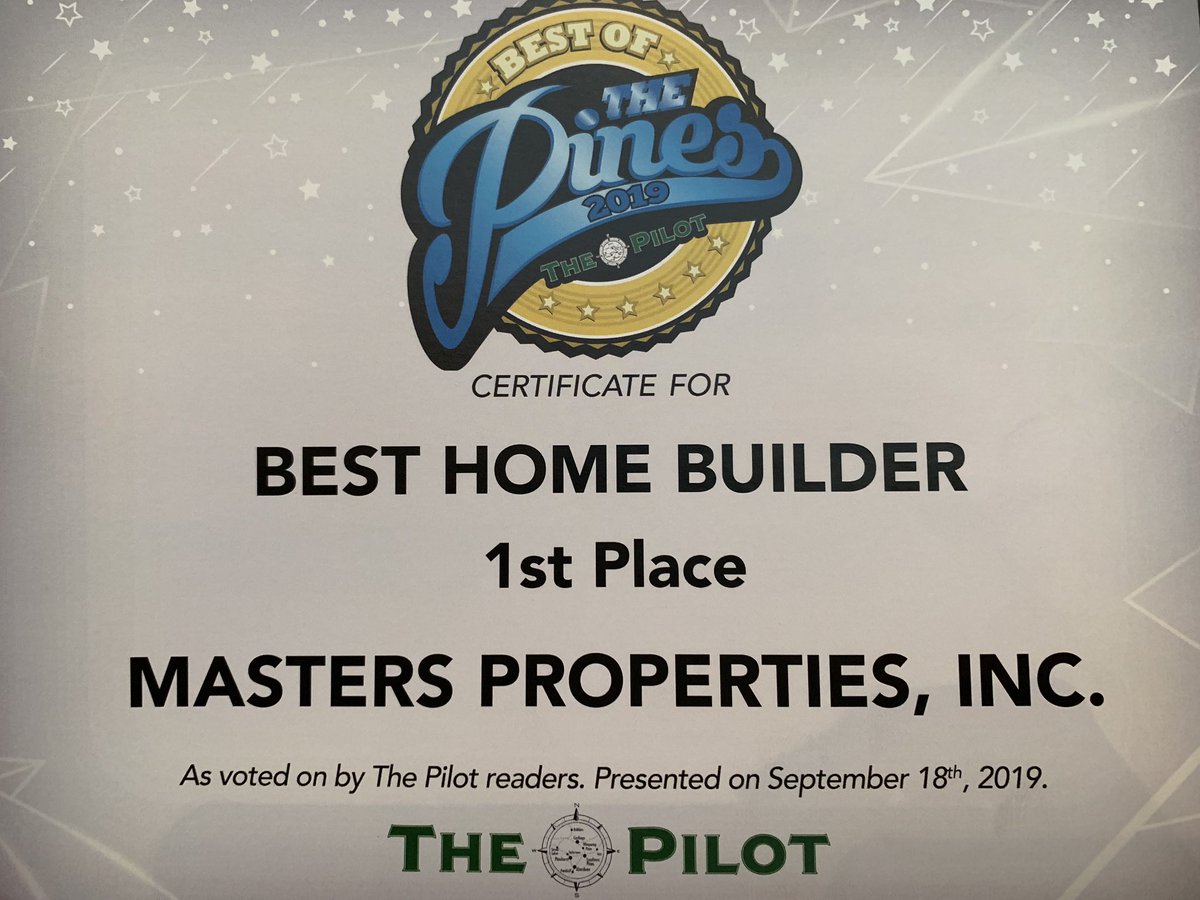 MastersPropInc's tweet image. We did it! Thanks to each and every one of you who voted us The Best Home Builder of 2019 by @ThePilotNews! We love the Moore County community and will continue to provide the highest quality luxury custom homes, remodels and commercial projects! #MastersQuality