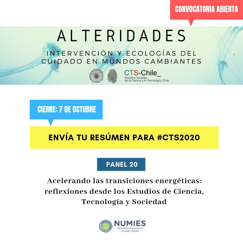 numies_cl's tweet photo. CONVOCATORIA ABIERTA |
Hasta el 7 de octubre puedes enviar tu resumen para participar en #CTS2019 de @CTS_Chile.
#NUMIES dirigirá la mesa 20. ¡Te esperamos! #transicionesenergéticas
➡️Más información: https://t.co/fmnUYPiCoG https://t.co/DloSQ5MnO9