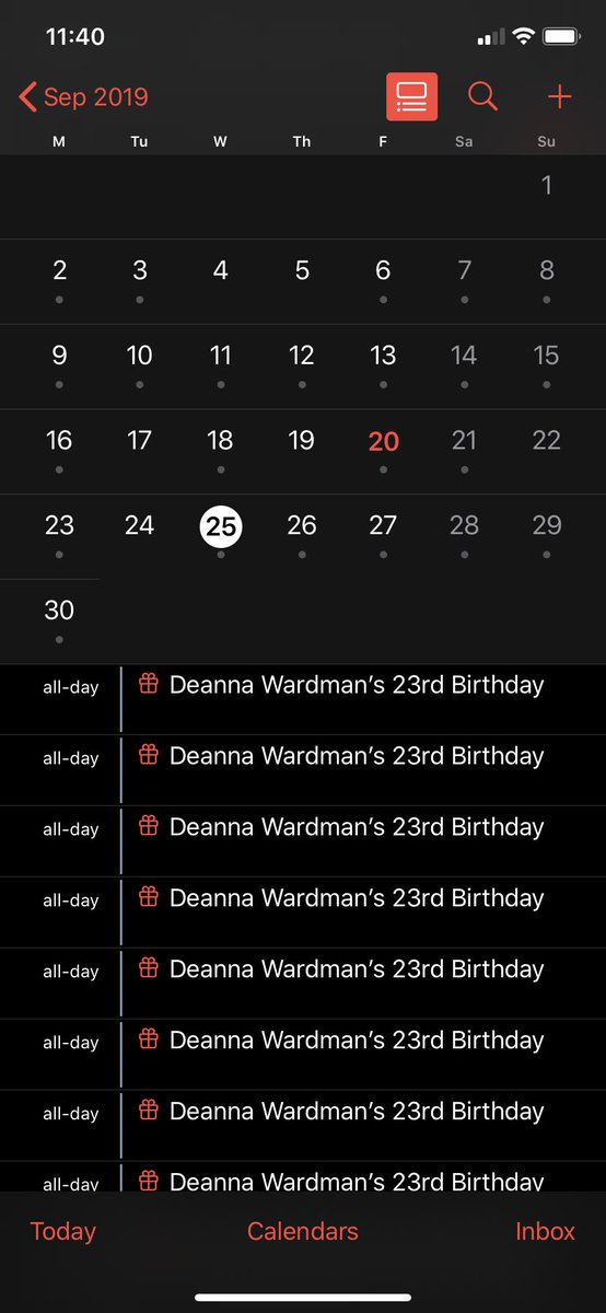 deannaw96's tweet photo. @AppleSupport hi guys, think I’ve found an issue with iOS 13, or just my new phone, in calendar, all of my contacts birthdays events are duplicated and my birthday is multiplied x15, I’ll attach a few screenshots. https://t.co/I0fNiGjrWO