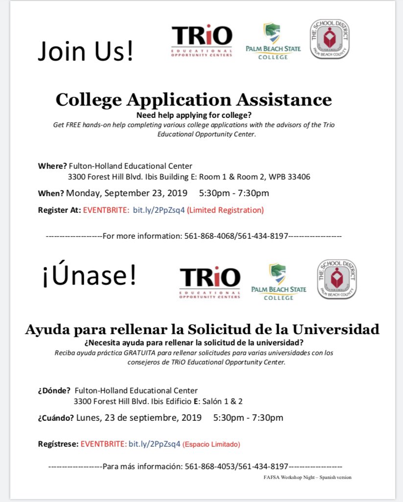 EsolPbc's tweet image. HS Seniors in need of assistance completing their college applications? TRiO will be providing support for Seniors at the Welcome Center with hands-on help. Join us Monday, 9/ 23, 5:30 pm - 7:30 pm. #collegeispossible #ELLs_Can @JavierOrtolaza @harveyoaxaca