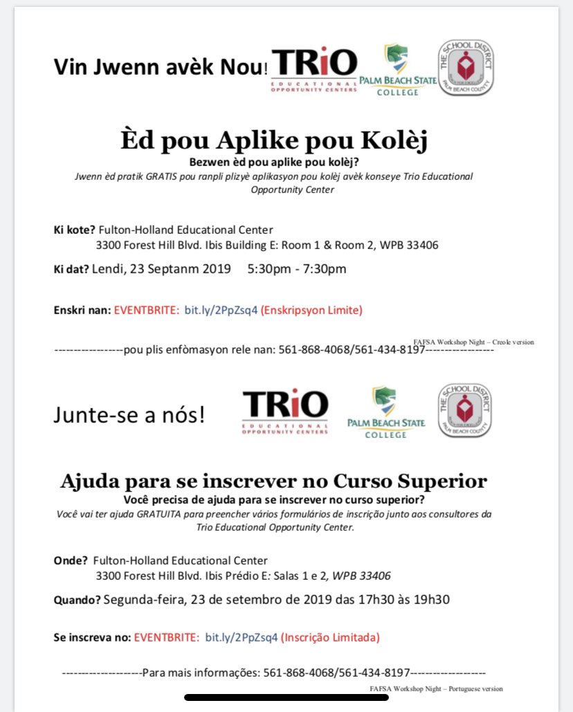 EsolPbc's tweet image. HS Seniors in need of assistance completing their college applications? TRiO will be providing support for Seniors at the Welcome Center with hands-on help. Join us Monday, 9/ 23, 5:30 pm - 7:30 pm. #collegeispossible #ELLs_Can @JavierOrtolaza @harveyoaxaca