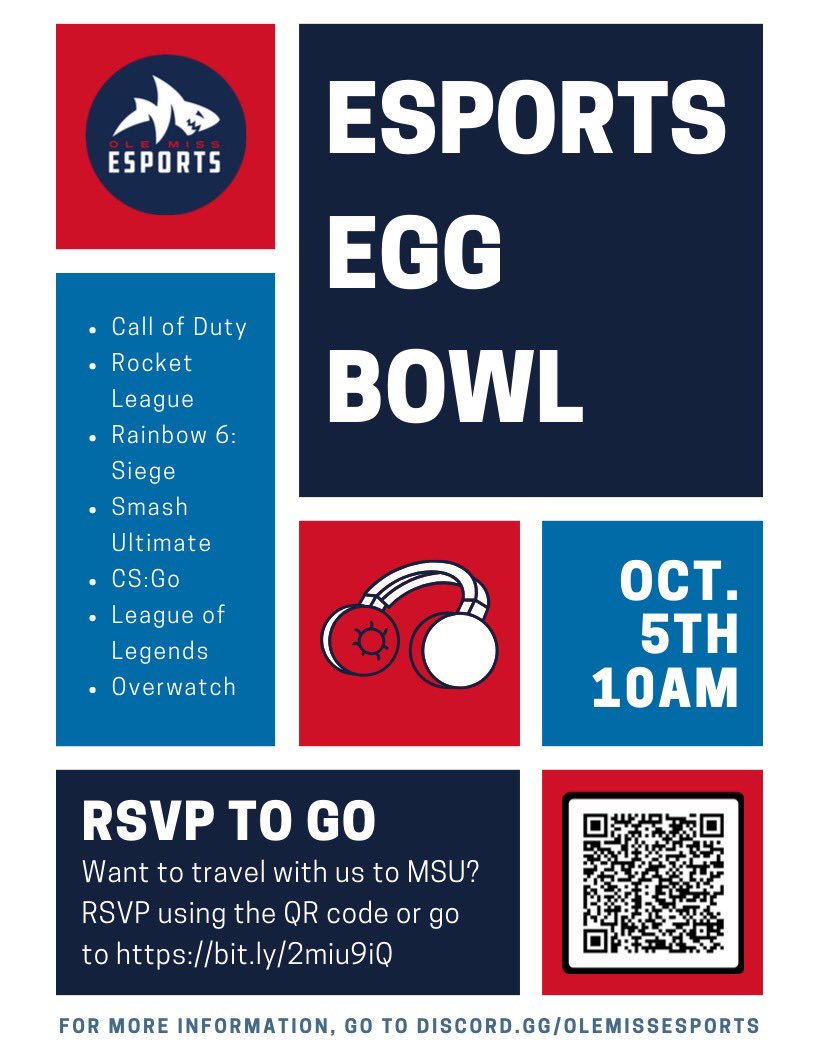 olemissesports's tweet photo. Do you want to go to the Esports Egg Bowl but don’t have a ride? Do you want to support your Ole Miss Rebels? Do you want to ride home with an Egg Bowl trophy? RSVP to reserve a spot on our bus and we’ll get you there and back! https://t.co/HWSvIdXsIh