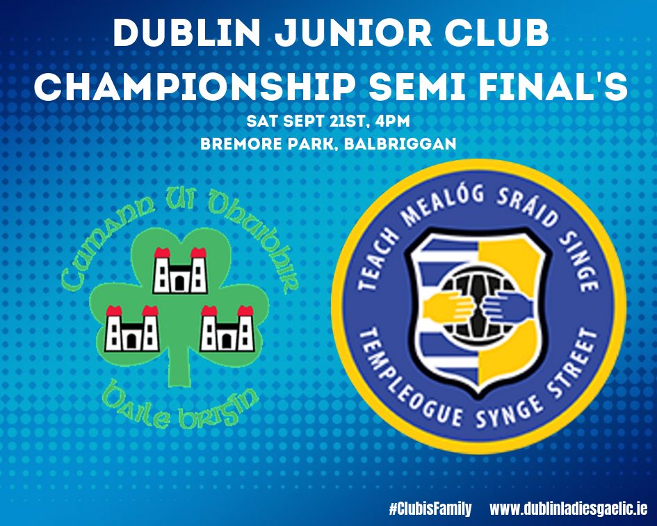 dublinladiesg's tweet photo. CHAMPIONSHIP FIXTURES
Junior A SF’s (Saturday)

@RahenyGAA v @MOW_GFC 
2pm St Anne's Park P7

@odwyersgaa v @Tempsyngest 
4pm Bremore park

Senior SF’s (Monday) both Bray 7:30 &amp; 8:45

@KCrokesGAAClub v @OfficialSylsGAA 

@OFFICIALFoxCab v @tomasdaibhis 

#ClubIsFamily #20x20 https://t.co/9aLcYSLXPP