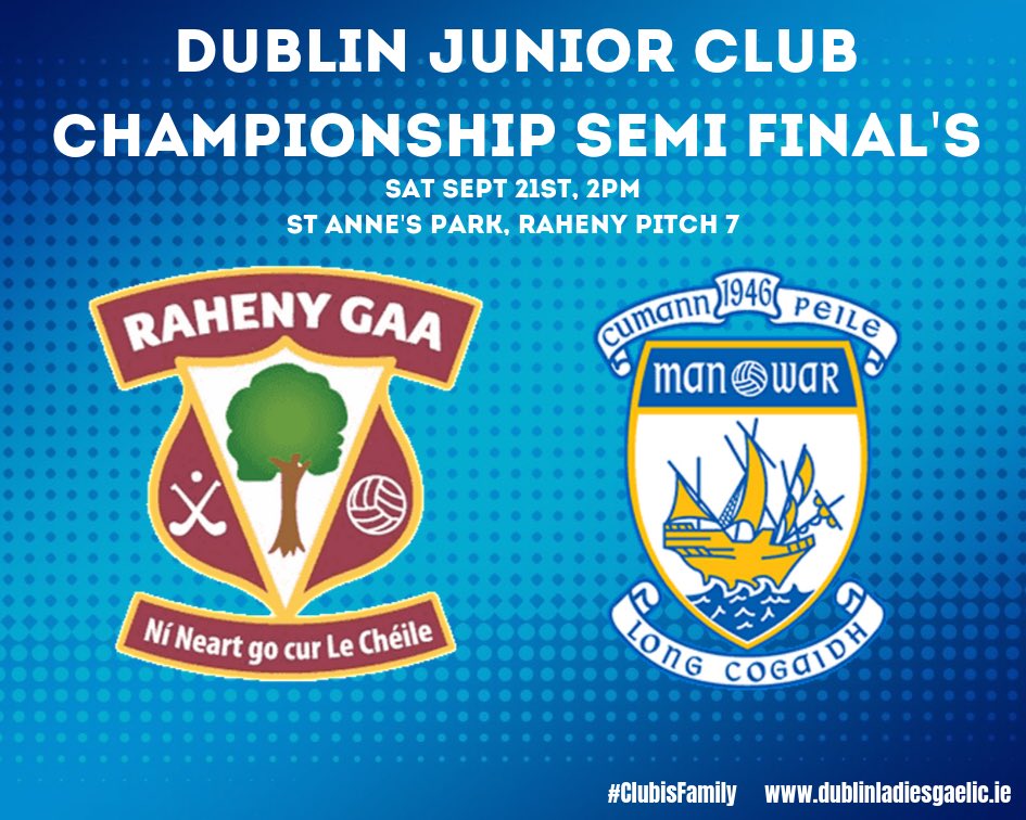 dublinladiesg's tweet photo. CHAMPIONSHIP FIXTURES
Junior A SF’s (Saturday)

@RahenyGAA v @MOW_GFC 
2pm St Anne's Park P7

@odwyersgaa v @Tempsyngest 
4pm Bremore park

Senior SF’s (Monday) both Bray 7:30 &amp; 8:45

@KCrokesGAAClub v @OfficialSylsGAA 

@OFFICIALFoxCab v @tomasdaibhis 

#ClubIsFamily #20x20 https://t.co/9aLcYSLXPP