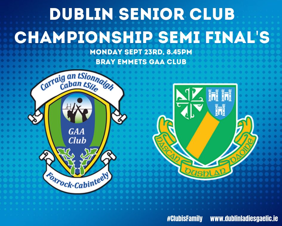 dublinladiesg's tweet photo. CHAMPIONSHIP FIXTURES
Junior A SF’s (Saturday)

@RahenyGAA v @MOW_GFC 
2pm St Anne's Park P7

@odwyersgaa v @Tempsyngest 
4pm Bremore park

Senior SF’s (Monday) both Bray 7:30 &amp; 8:45

@KCrokesGAAClub v @OfficialSylsGAA 

@OFFICIALFoxCab v @tomasdaibhis 

#ClubIsFamily #20x20 https://t.co/9aLcYSLXPP