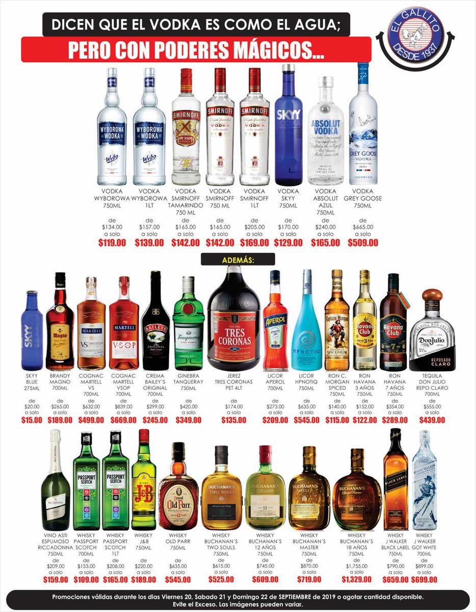 vinoselgallito's tweet photo. ¡WOW! #wyborowa #smirnoff #skyy #absolutvodka #greygoose #skyyblue #brandymagno #martell #baileys #tanqueray #aperol #hpnotiq #capitanmorgan #ronhavana #tequiladonjulio #astiriccadonna #whiskypassport #whiskyjb #oldparr #buchanans #twosouls #johnniewalker #got #vodka #whisky https://t.co/tubXLS6Piu