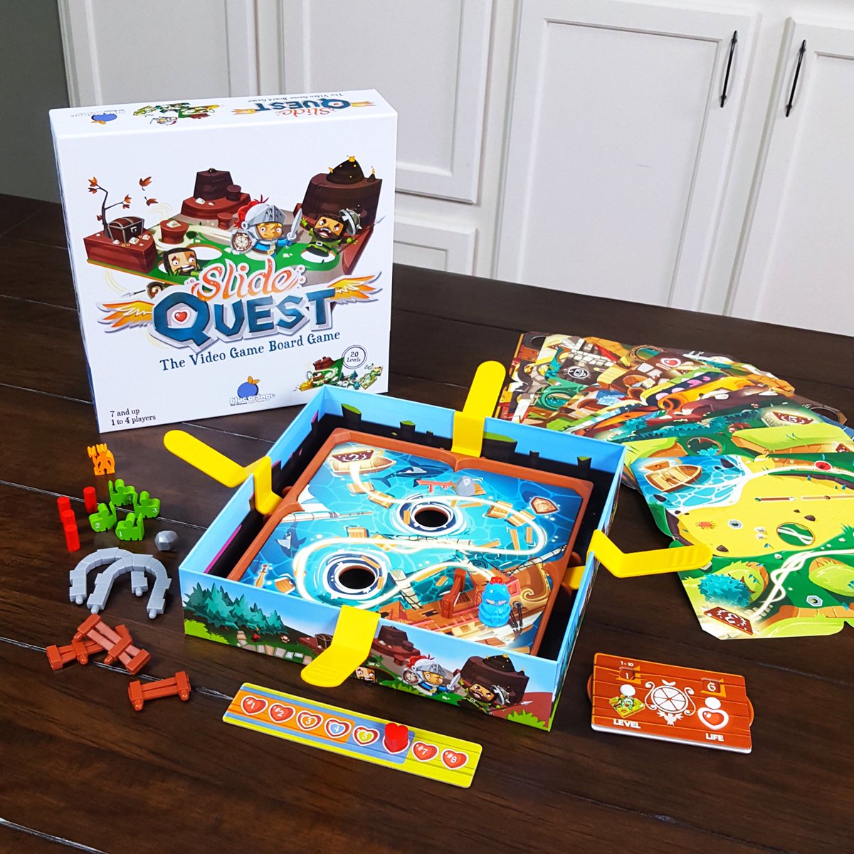 WCGamesMN's tweet photo. Slide Quest: https://t.co/IwUyzap0ud 1-4 player co-op dexterity/physics game. Lead knight through levels via 4 levers attached to box/under base. Follow light path on some levels, defeat enemies in order on others, etc. Fun and send more maps! @BlueOrangeGames #whitecabinetgames https://t.co/3PLmRYJkY6