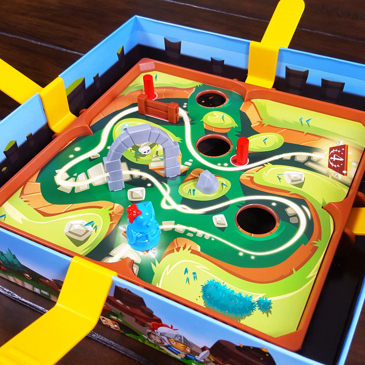 WCGamesMN's tweet photo. Slide Quest: https://t.co/IwUyzap0ud 1-4 player co-op dexterity/physics game. Lead knight through levels via 4 levers attached to box/under base. Follow light path on some levels, defeat enemies in order on others, etc. Fun and send more maps! @BlueOrangeGames #whitecabinetgames https://t.co/3PLmRYJkY6