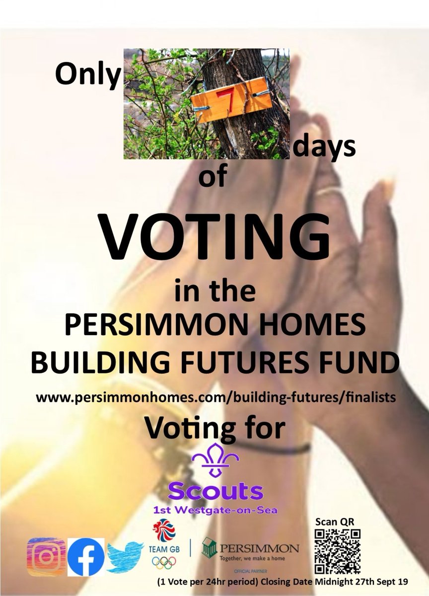 Just 7 days Left to get them all important VOTES &amp; SHARES.
persimmonhomes.com/building-futur…
Voting ends  27th Sept 19
<a href="/NiallScouts/">Niall</a> @TimothyKidd <a href="/astro_timpeake/">Tim Peake</a> @UKScouting <a href="/DamboreeASU/">Damboree ASU</a> <a href="/PersimmonHomes/">persimmonhomes</a> <a href="/UKAdultSupport/">UK Scouts People Team</a> <a href="/TeamGB/">Team GB</a> <a href="/SkyNews/">Sky News</a> <a href="/bbcsoutheast/">BBC South East</a> <a href="/itvmeridian/">ITV News Meridian</a> <a href="/craigiward/">Craig Ward</a> <a href="/CCKentScouts/">Dean Harding</a>
