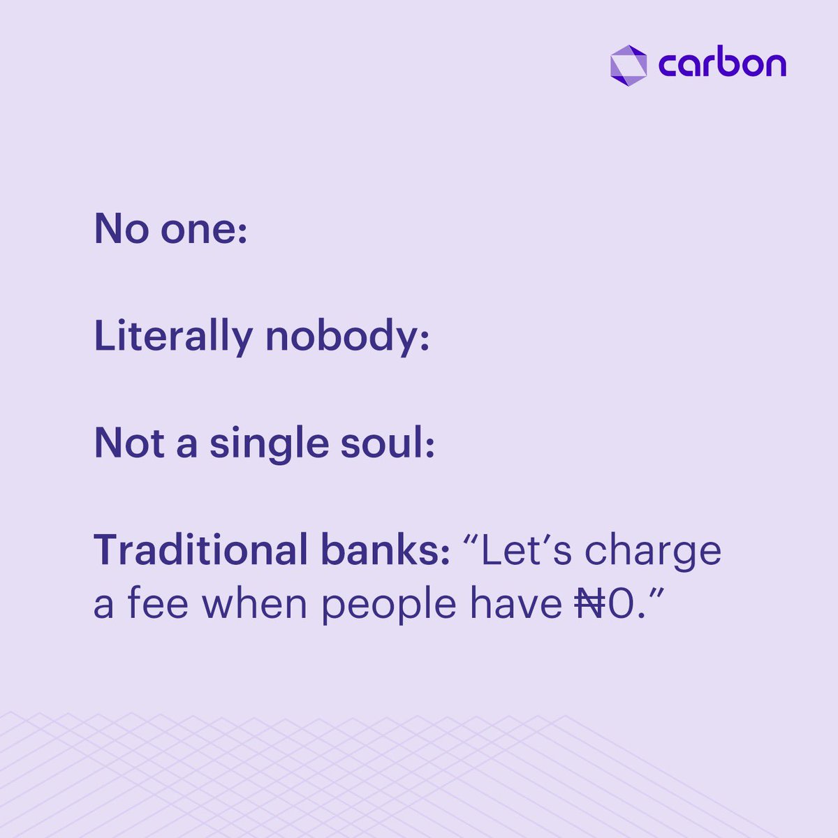 get_carbon's tweet photo. There’s nothing we hate more than irrelevant bank charges 🤮
Just use Carbon. 😎
#NoExtraFees #CashlessPolicy https://t.co/6knTPeL2FG