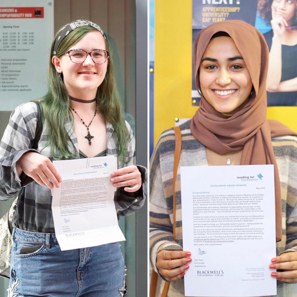 Congrats to former <a href="/LutonSixthForm/">Luton Sixth Form College</a> and now <a href="/UniofOxford/">University of Oxford</a> students Aleisha Lanceley and Aisha Sadiq, who we've chosen to receive £250 scholarships from <a href="/ReadingList01/">Reading List Foundation</a>

The scholarships - a <a href="/blackwellbooks/">Blackwell's</a> voucher - are intended for textbooks for their first year of studies 

>