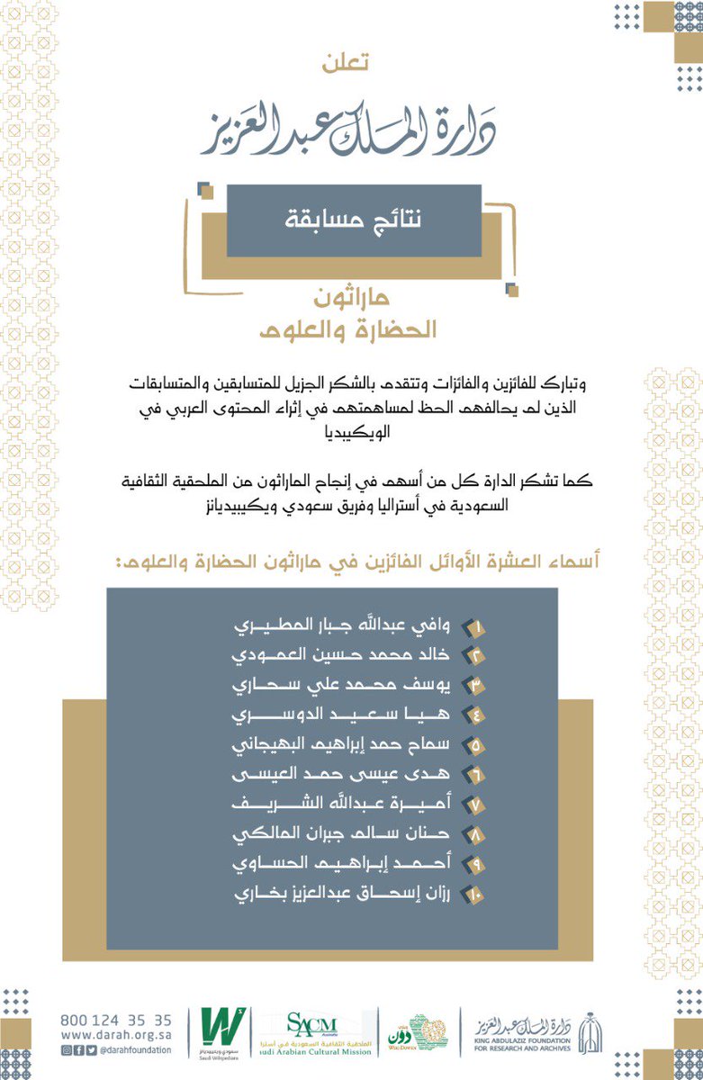 تعلن #دارة_الملك_عبدالعزيز
نتائج مسابقة #ماراثون_الحضارة_والعلوم
كما تشكر الدارة كل من أسهم في إنجاح الماراثون من الملحقية الثقافية السعودية في أستراليا <a href="/SACM_AU/">الملحقية الثقافية السعودية في أستراليا</a>
وفريق سعودي ويكيبيديانز  <a href="/SaWikipedians/">سعودي ويكيبيديانز</a>
#اليوم_الوطني
#همة_حتى_القمه