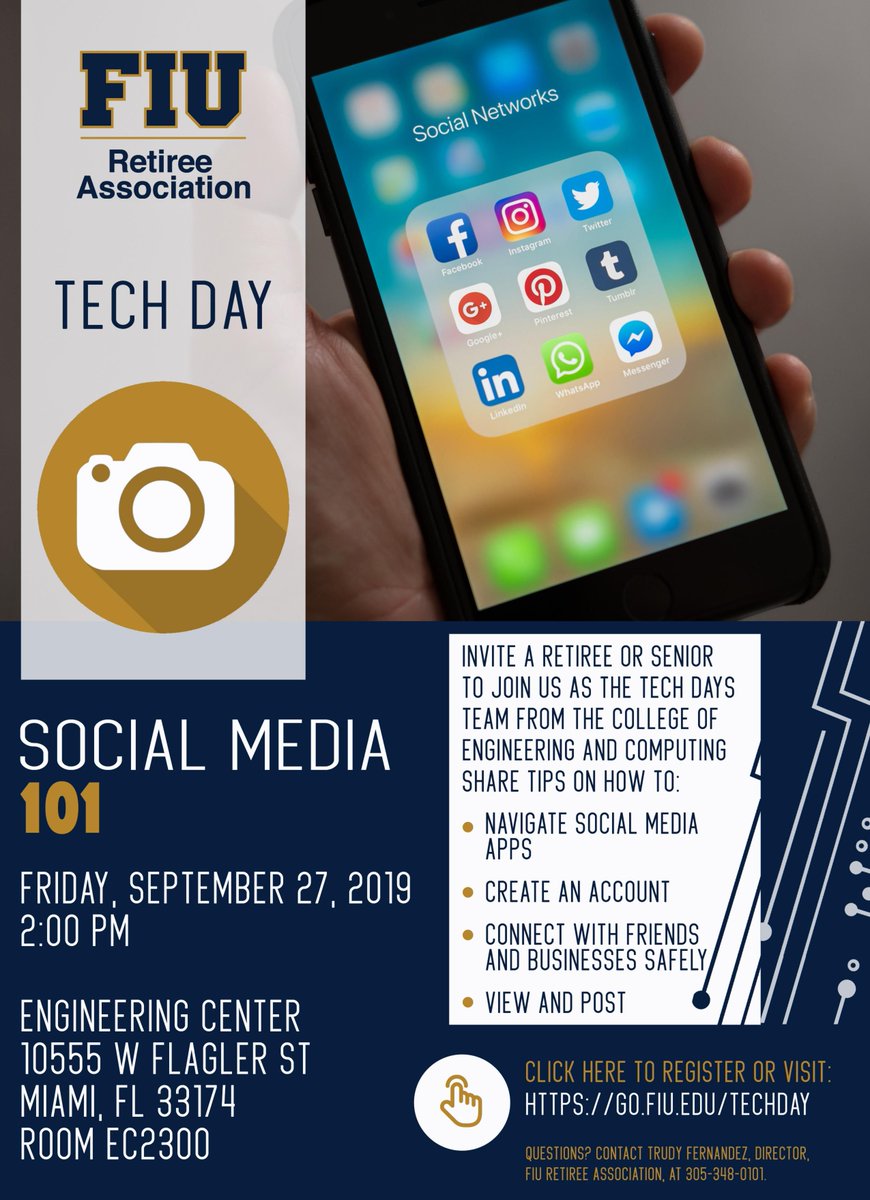 fiuECE's tweet photo. Invite a retiree or senior citizen to attend the Tech Team's Social Media 101 Workshop, taking place on Friday, September 27th. To RSVP, visit https://t.co/Btz7yLjHYe #techsavvy https://t.co/LAs1KIyHWo