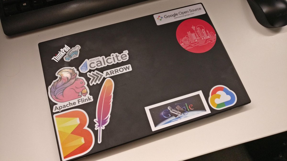 BrianHulette's tweet photo. Got my laptop all done up with @TheASF stickers thanks to @ApacheCon and @BeamSummit  :) https://t.co/rjN2gqta70