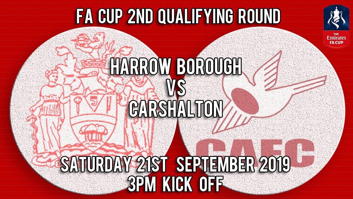harrowborofc_ul's tweet photo. #FACup #2ndQualifyingRound
#HarrowBoroFC v #Carshalton
Saturday 21st #September 2019
#Kickoff 3pm
#RogersFamilyStadium
#Earlsmead
#SouthHarrow
#SaturdayMotivation https://t.co/EUpuiGpr7K