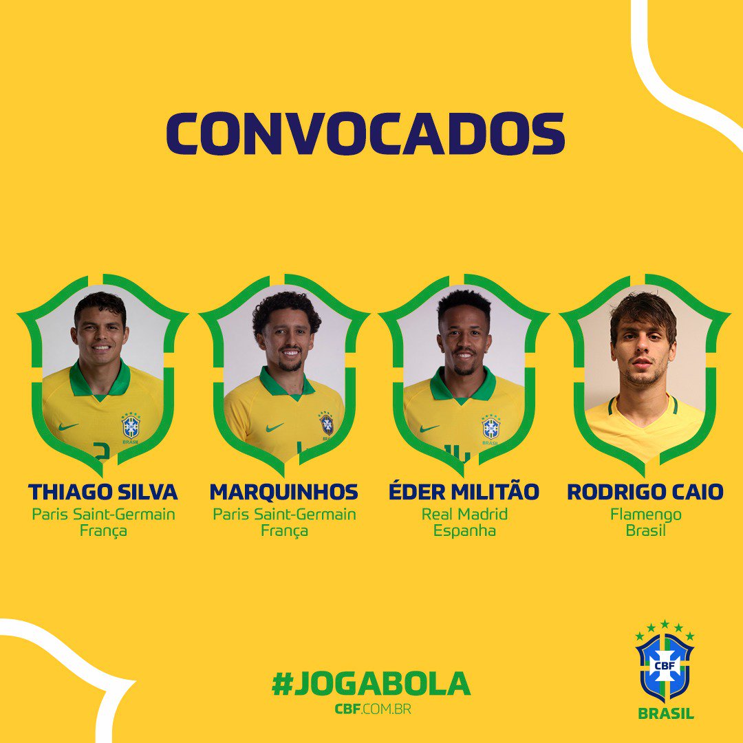 CBF_Futebol's tweet photo. Convocação da #SeleçãoBrasileira! 📋🇧🇷

ZAGUEIROS:

Thiago Silva - @PSG_inside
Marquinhos - @PSG_inside 
Éder Militão - @realmadrid 
Rodrigo Caio - @Flamengo  
 
#JogaBola #GigantesPorNatureza https://t.co/7WxpTQBTPN