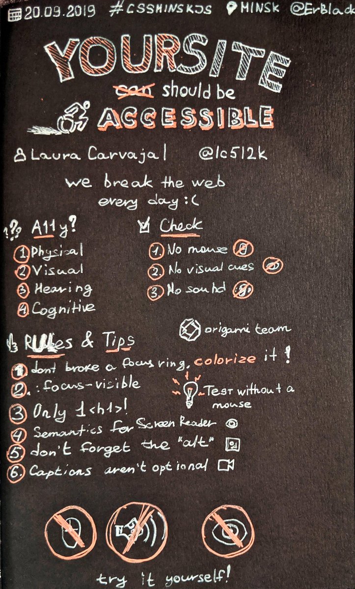 ErBlack's tweet image. A #sketchnotes for @lc512k&apos;s talk about accessability at #CSSMinskJS