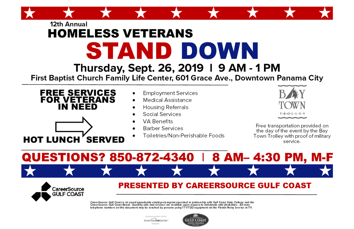 careersourcegc's tweet photo. Our 12th Annual Homeless Veteran Stand Down is NEXT WEEK! Please share the information below so we can reach as many homeless veterans in Bay County as possible. 🇺🇸 https://t.co/pP2VQMbRAa