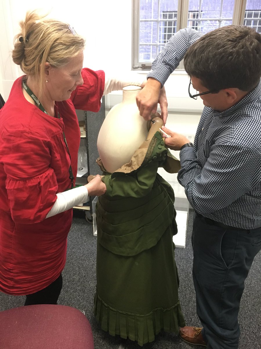 JimBloxam's tweet photo. Meanwhile back in @theUL conservation studio, textile conservator @KarenHo working on a tennis dress from the 1890s. Assisted by @SHAUN_TH0MPS0N #WomenAtCambridge #culconservation https://t.co/N0BrupRTpz