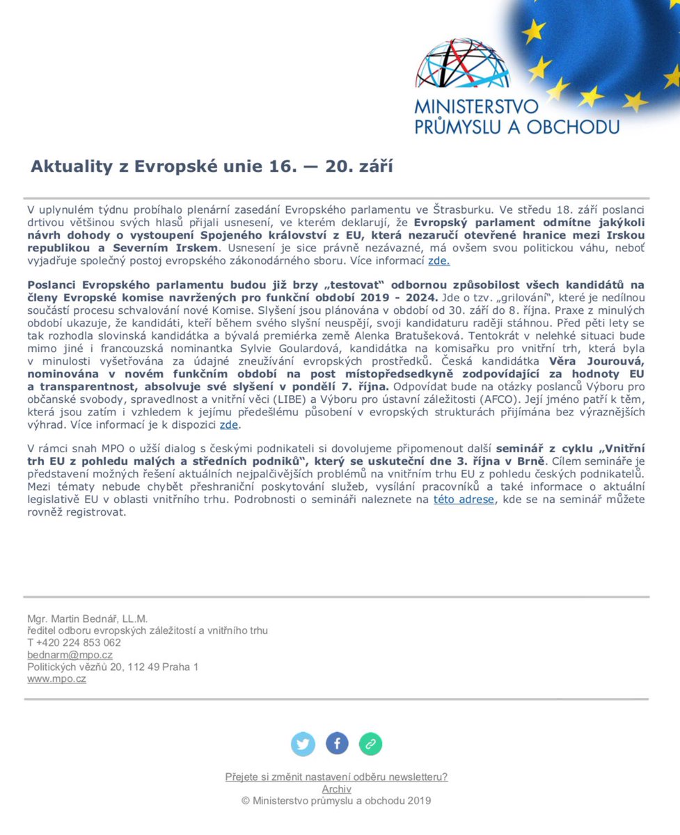 mbednar_cz's tweet photo. #EUnewsletter @mpo_tweetuje informuje o postoji @EUparliament k #brexit, o grilování budoucí @EU_Commission a o blížícím se semináři k #singlemarket v @brnomycity, více na https://t.co/KzQhlR8Fa8 https://t.co/IINQ2odQwn