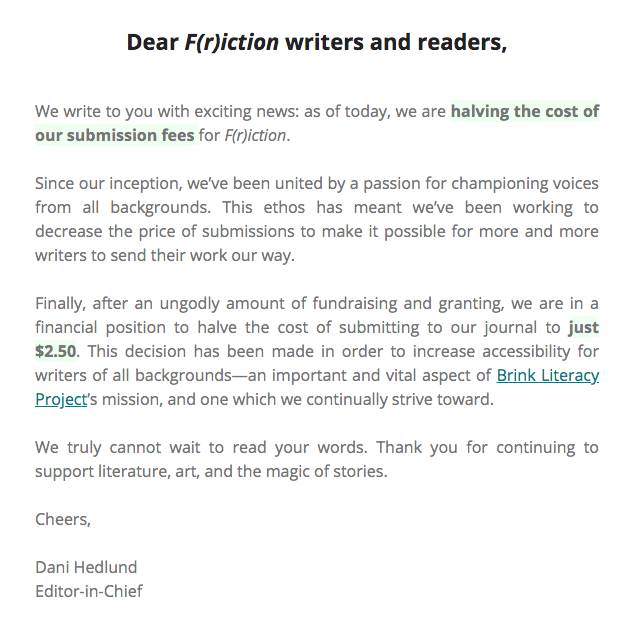 FrictionSeries's tweet image. We are pleased to announce that we have cut our general submission fee for F(r)iction in half ($2.50), effective immediately! frictionlit.org/about/submit/