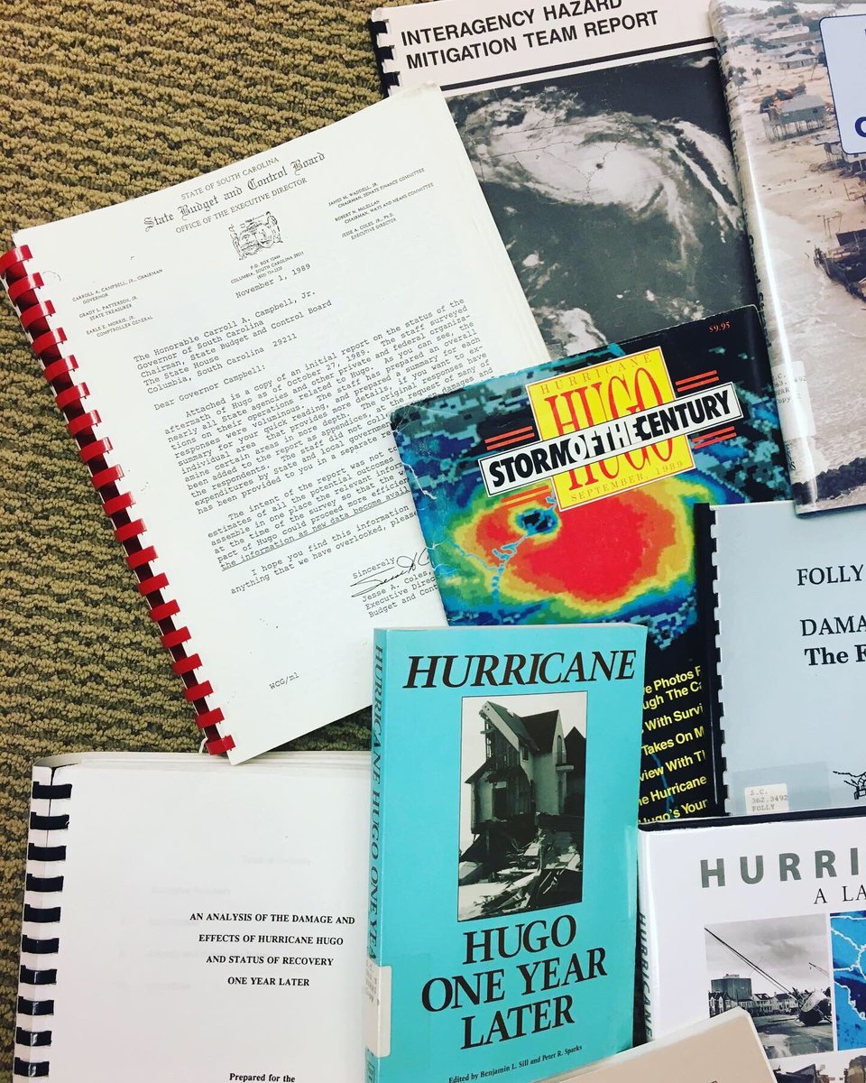 scstatelibrary's tweet photo. This weekend is the 30th anniversary of #HurricaneHugo making landfall off the coast of #SouthCarolina in 1989. Pictured here are the many photography books, government reports, and studies following the destruction of this devastating #hurricane. Find more in our collection! https://t.co/pg6AolBmle