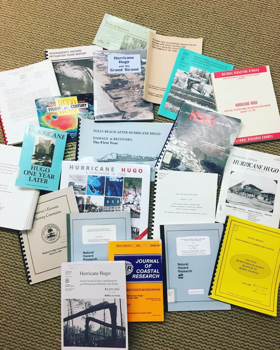 scstatelibrary's tweet photo. This weekend is the 30th anniversary of #HurricaneHugo making landfall off the coast of #SouthCarolina in 1989. Pictured here are the many photography books, government reports, and studies following the destruction of this devastating #hurricane. Find more in our collection! https://t.co/pg6AolBmle