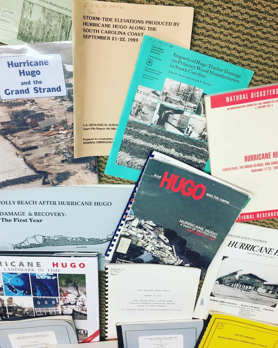 scstatelibrary's tweet photo. This weekend is the 30th anniversary of #HurricaneHugo making landfall off the coast of #SouthCarolina in 1989. Pictured here are the many photography books, government reports, and studies following the destruction of this devastating #hurricane. Find more in our collection! https://t.co/pg6AolBmle