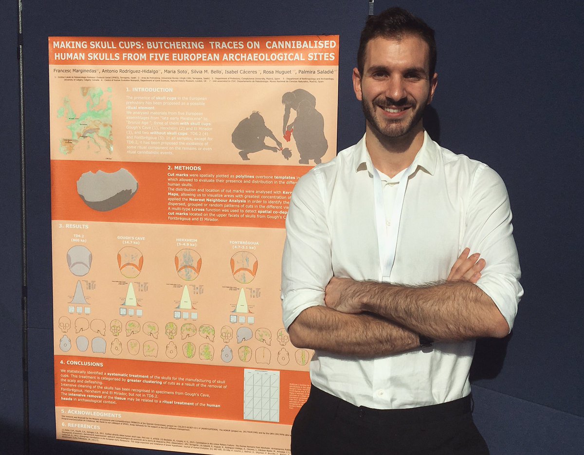 Cesc_Marginedas's tweet image. With our poster called “Making skull cups: butchering traces on cannibalised human skulls from five European archaeological sites” at the 9th ESHE 2019 Meeting in Liège (Belgium). 💀🔬🧡 #ESHE2019 #archaeology #ForensicTaphonomy #skullcups #Iphes @iphes