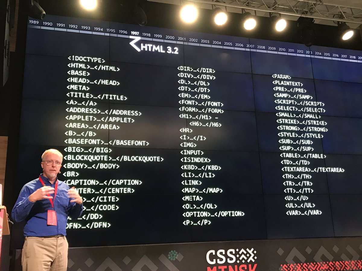 Lik04ka's tweet image. That&apos;s all my life! @meyerweb shows the history of #HTML tags 1989 - 2019 @CSS_Minsk_JS #CSSMinskJS