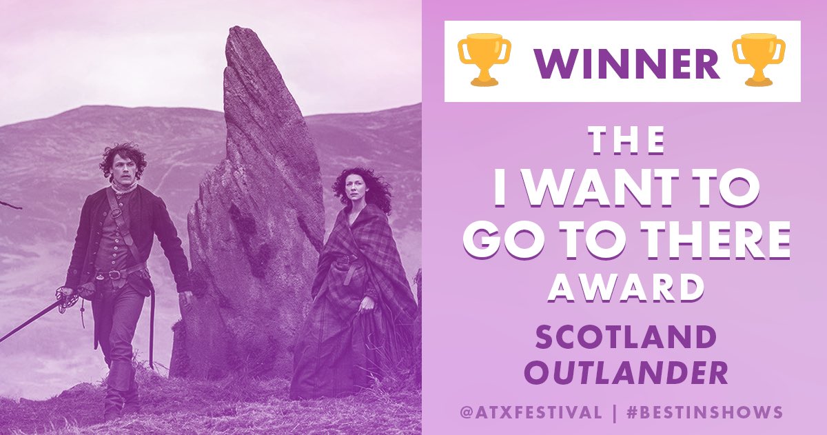 ATXFestival's tweet photo. The I WANT TO GO TO THERE Award for dreamiest location in a series goes to Scotland by way of @Outlander_STARZ! 🏆 #BestInShows #Outlander https://t.co/RYYvY1D5c7