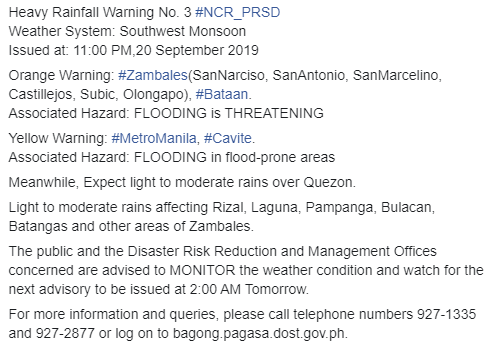 dost_pagasa's tweet photo. Heavy Rainfall Warning No. 3 #NCR_PRSD
Weather System: Southwest Monsoon
Issued at: 11:00 PM,20 September 2019 https://t.co/DQam83yBfC