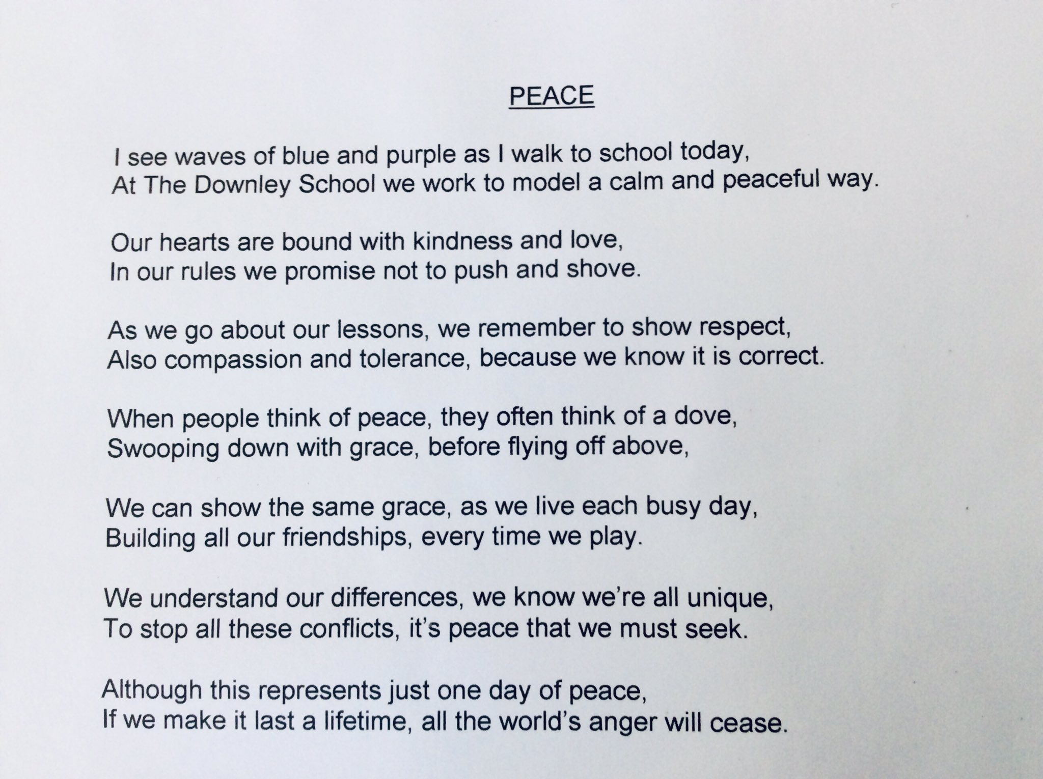 The Downley School on Twitter "A beautiful poem of peace written by