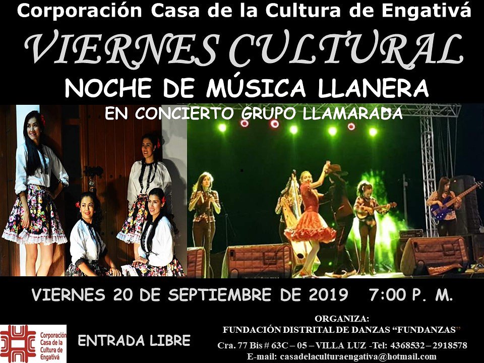 La cita es hoy  en la Casa de Cultura de Engativá , gran concierto 7:00 pm  #AgrupaciónLlamarada #JoropoyMujer ¡entrada libre!