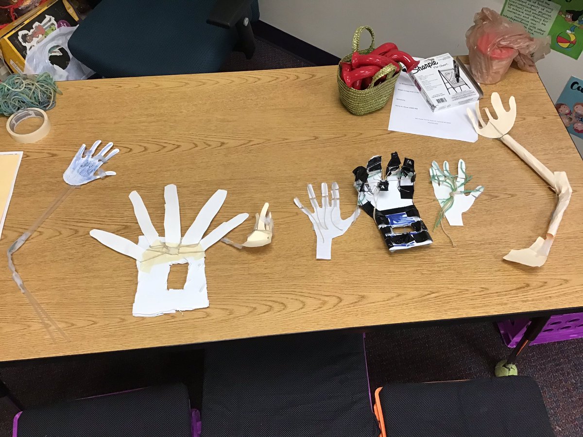 Moore_WHES's tweet photo. Creative thinking at its finest! Students became problem solvers to build prosthetic hands. Each group put their “new knowledge” of bones, muscles, joints into action! It has been a Fun Friday indeed!  #groWHere #LearninginAction https://t.co/N4YcEUXR3Q