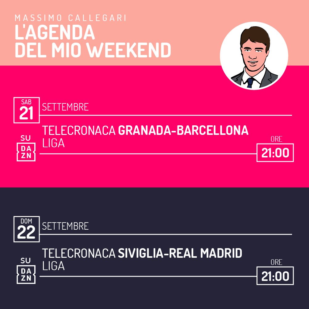 MaxCallegari's tweet photo. Vi aspetto per un grande weekend di  @LaLiga su @DAZN_IT ! Il debutto stagionale dal 1' di #Messi in #GranadaBarça e la supersfida #SivigliaRealMadrid con @MassiGo18 #vamos https://t.co/dipk4MylM3