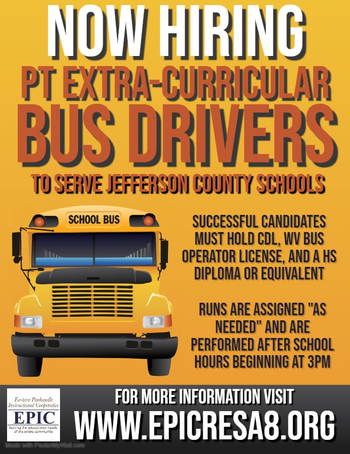 RESA_8's tweet photo. EPIC is hiring part-time Extra Curricular Bus Drivers to serve Jefferson County Schools! Must hold a valid CDL, WV Bus Operator license, and HS diploma or equivalent. Runs are scheduled as needed after school hours beginning at 3pm. Visit https://t.co/6kXM57s9Bj for more info! https://t.co/RGeca9xZRE