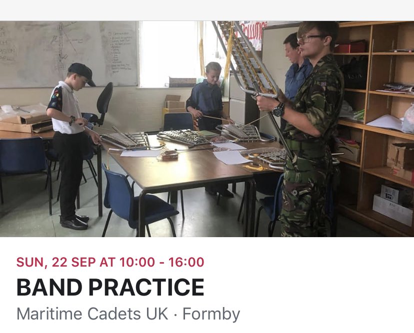 PLEASE NOTE THAT THIS MONTHS BAND PRACTICE HAS HAD TO BE CANCELLED

Apologies for the short notice and for any inconvenience that this may cause, but this is out of our control and we look forward to welcoming you to the next one in October

@WallaseyMCGB <a href="/TSVENGEANCE/">Knowsley Maritime Cadets</a> <a href="/FormbyMCA/">Formby MCA</a>